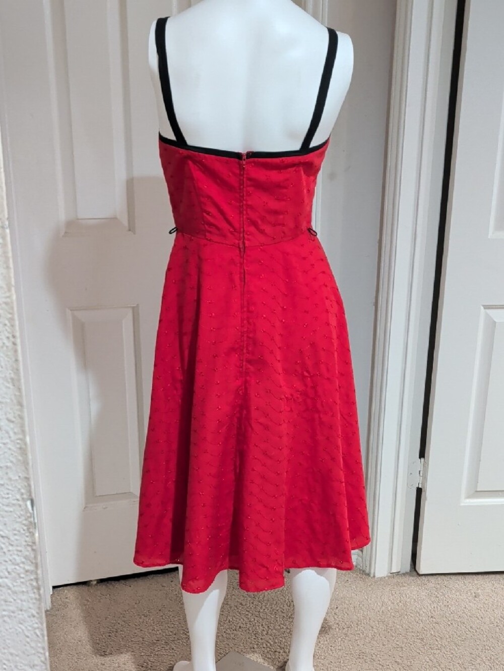 Vintage Stop Staring Red Fit-and-Flare Midi Dress w/ Black Trim Retro Women's M - Picture 6 of 9